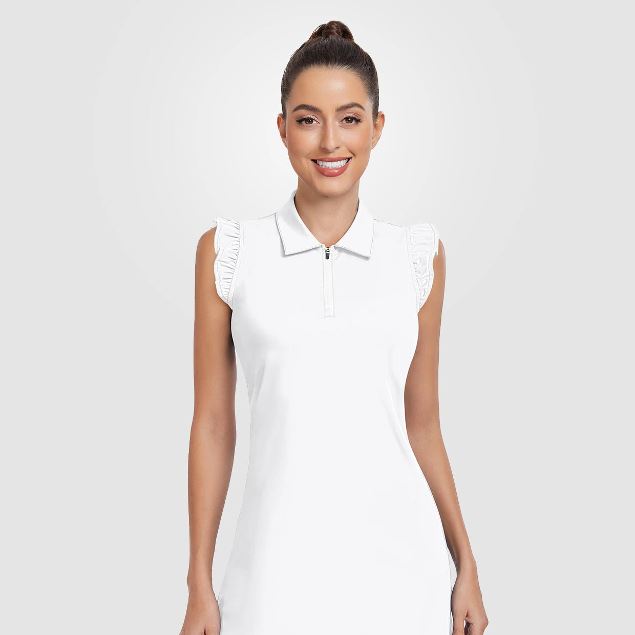 34" Blue Checkerboard Quarter-zip Ruffled Sleeveless Dress with Shorts