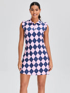 34" Pink and Blue Checkerboard Ruffled Sleeveless Active Dress With Shorts