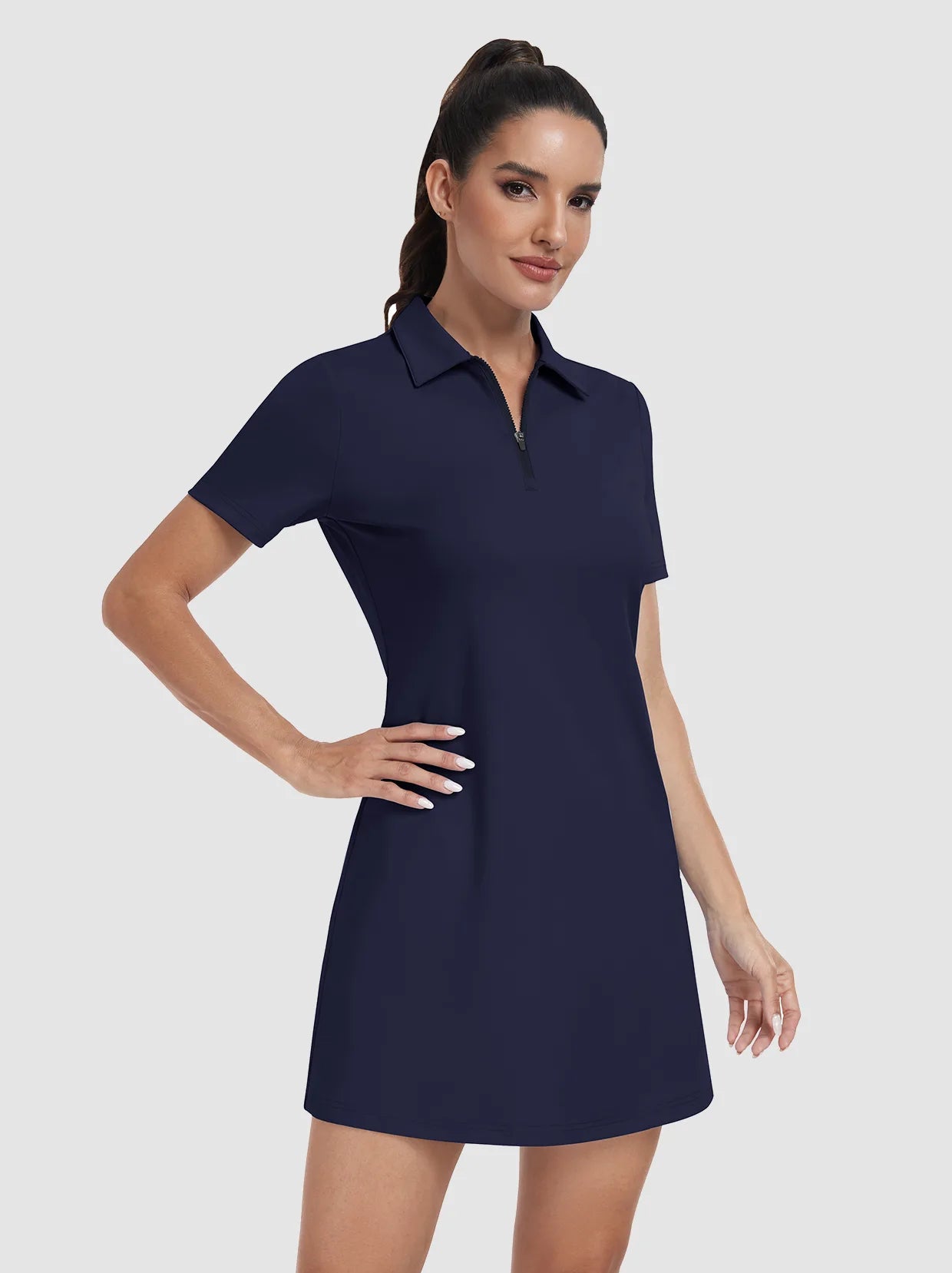 Dark Blue Zipper Short-Sleeve Polo Dress With Inner Shorts