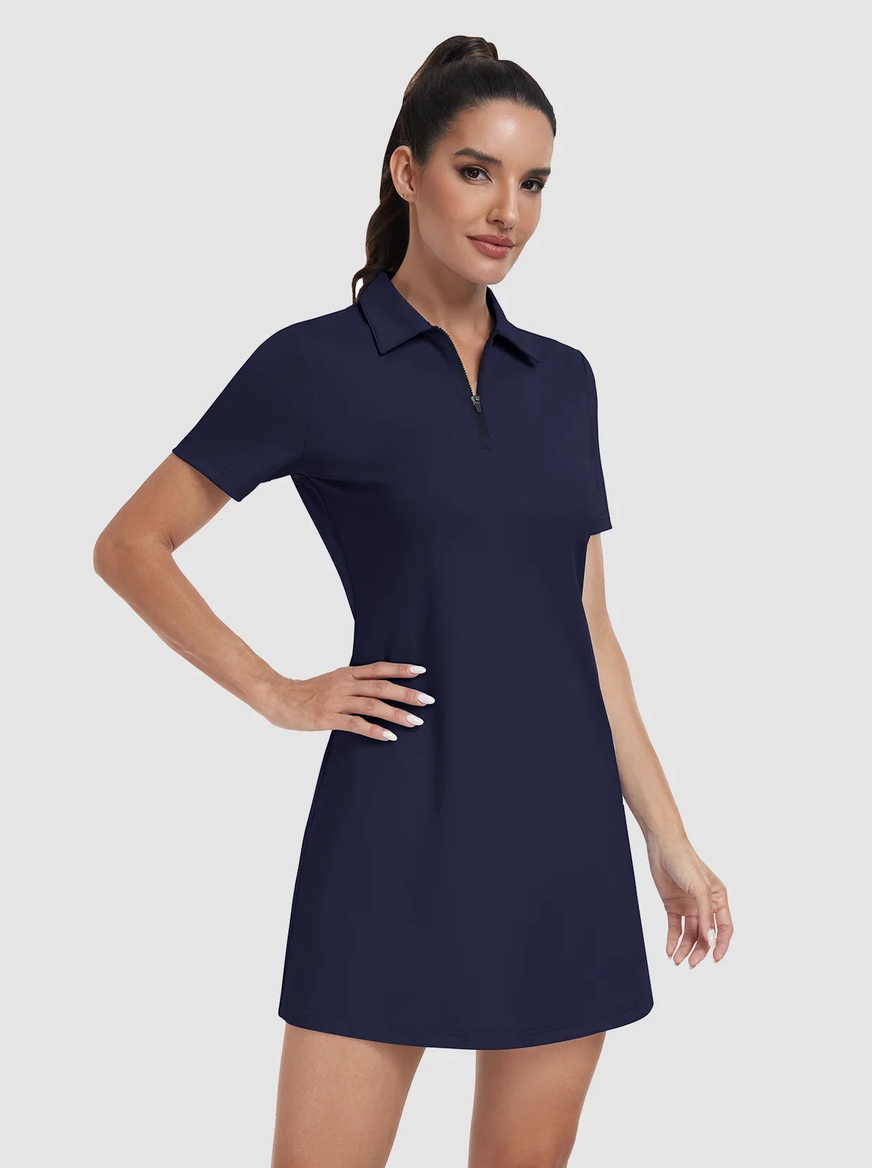 Dark Blue Zipper Short-Sleeve Polo Dress With Inner Shorts