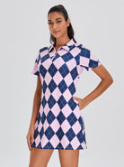 33" Pink and Black Checkerboard Zipper Short-Sleeve Polo Dress