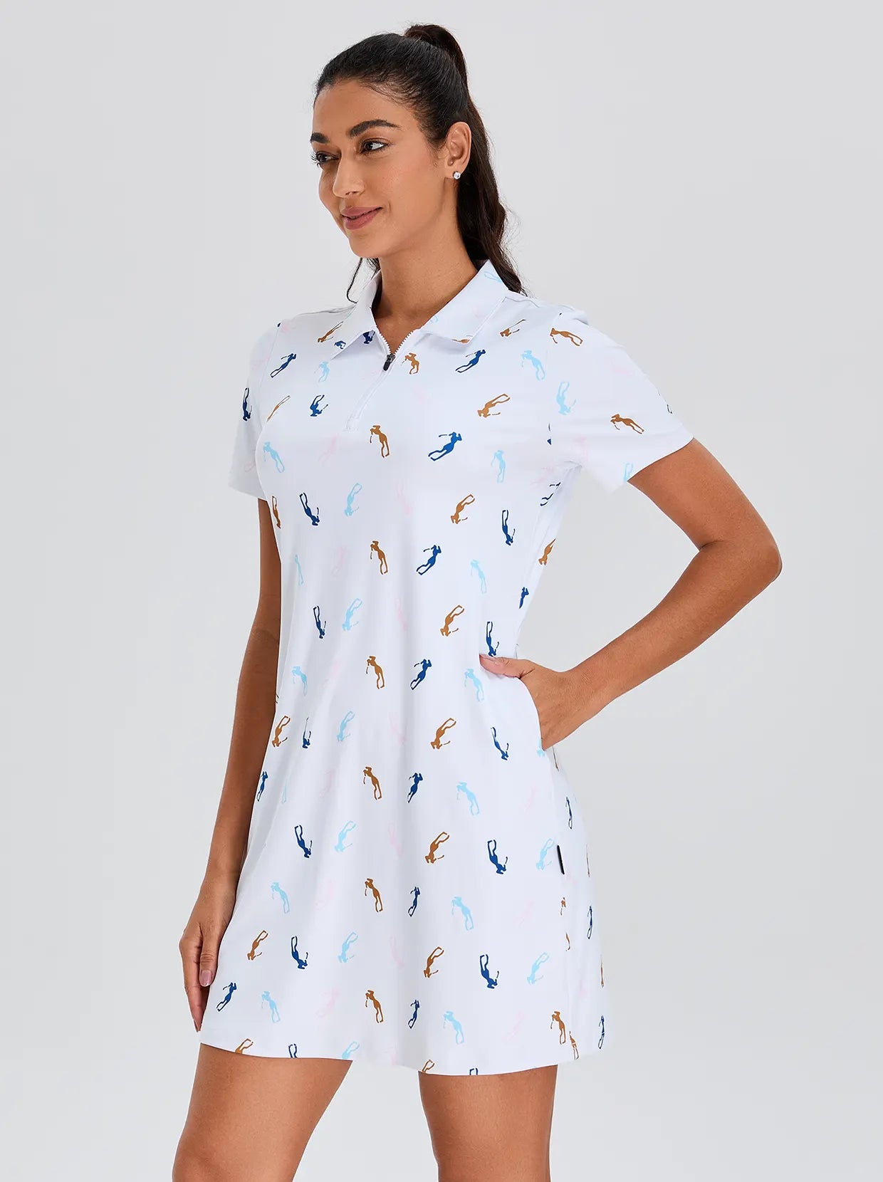 Golfer Pattern 33" Zipper Short-Sleeve Polo Dress With Inner Shorts