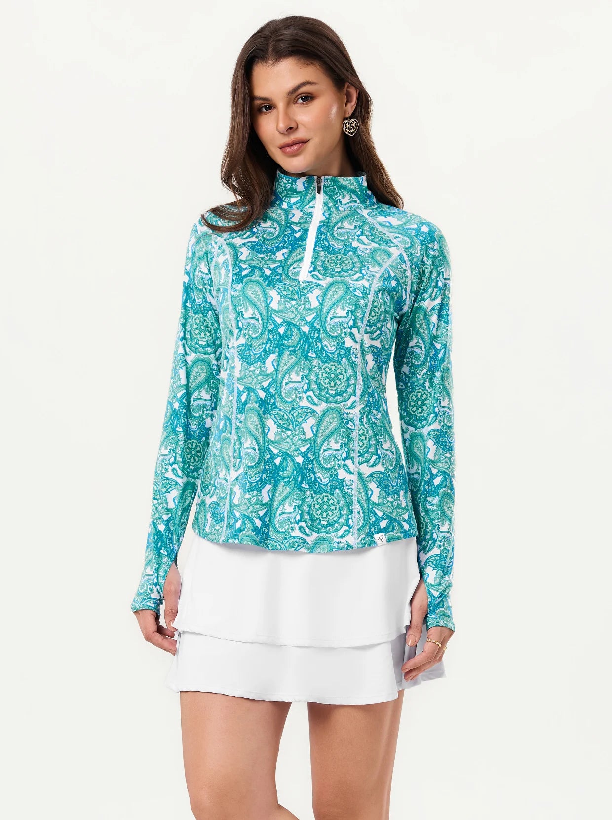 Ladies Green Paisley Quarter-zip Long-sleeve Shirt with Pockets