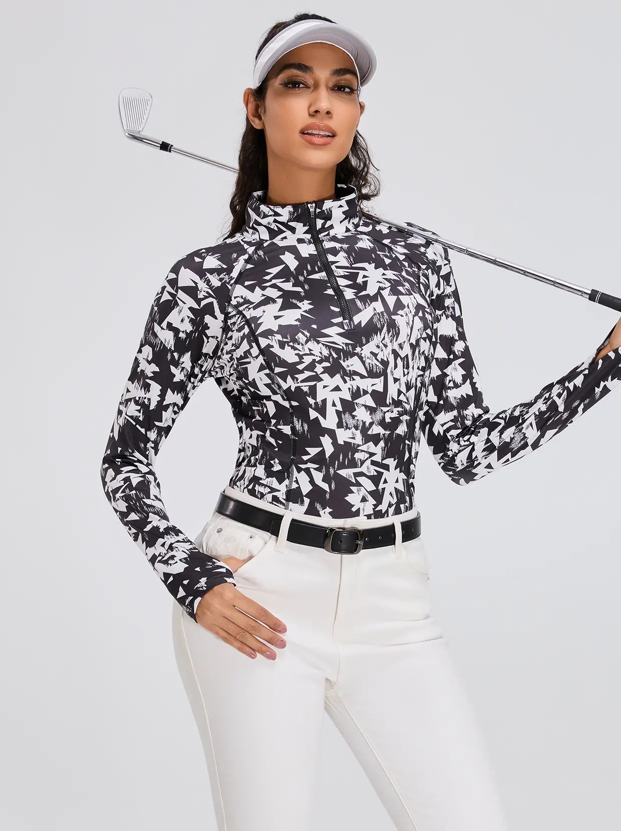 Ladies White Print Quarter-zip Long-sleeve Shirt with Pockets