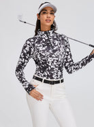 Ladies White Print Quarter-zip Long-sleeve Shirt with Pockets