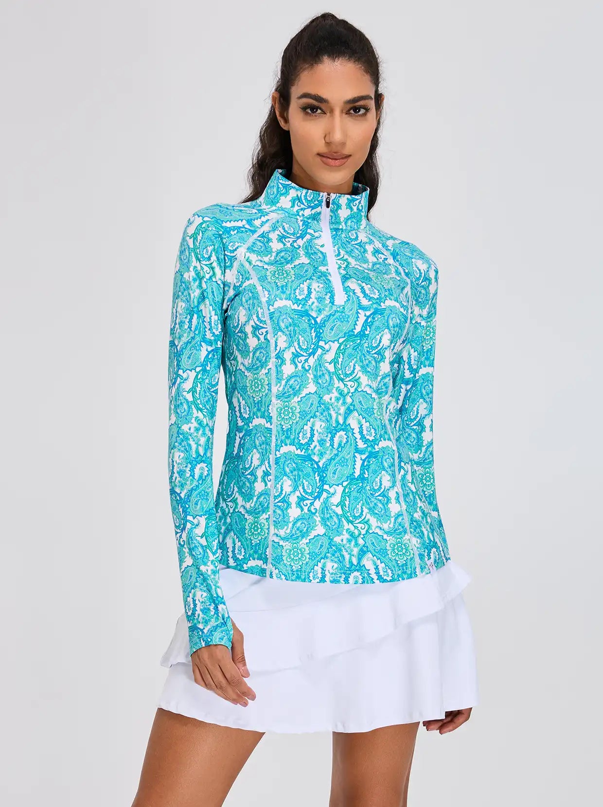 Ladies Green Paisley Quarter-zip Long-sleeve Shirt with Pockets