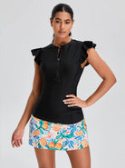 Solid Quarter-zip Ruffled Sleeveless Rash Guard For Women