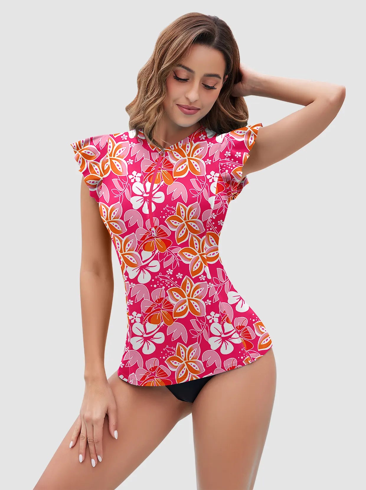 Rose Red Floral Ruffled Sleeveless Rash Guard For Women
