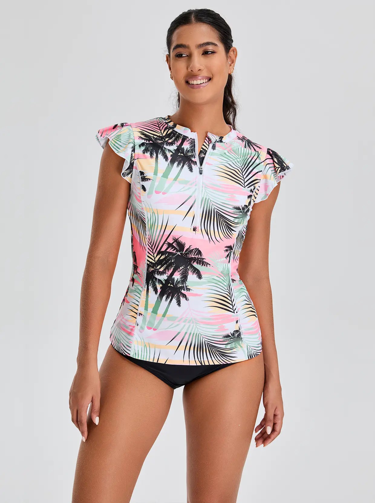 Hawaii-style Coconut Tree Quarter-zip Ruffled Sleeveless Rash Guard