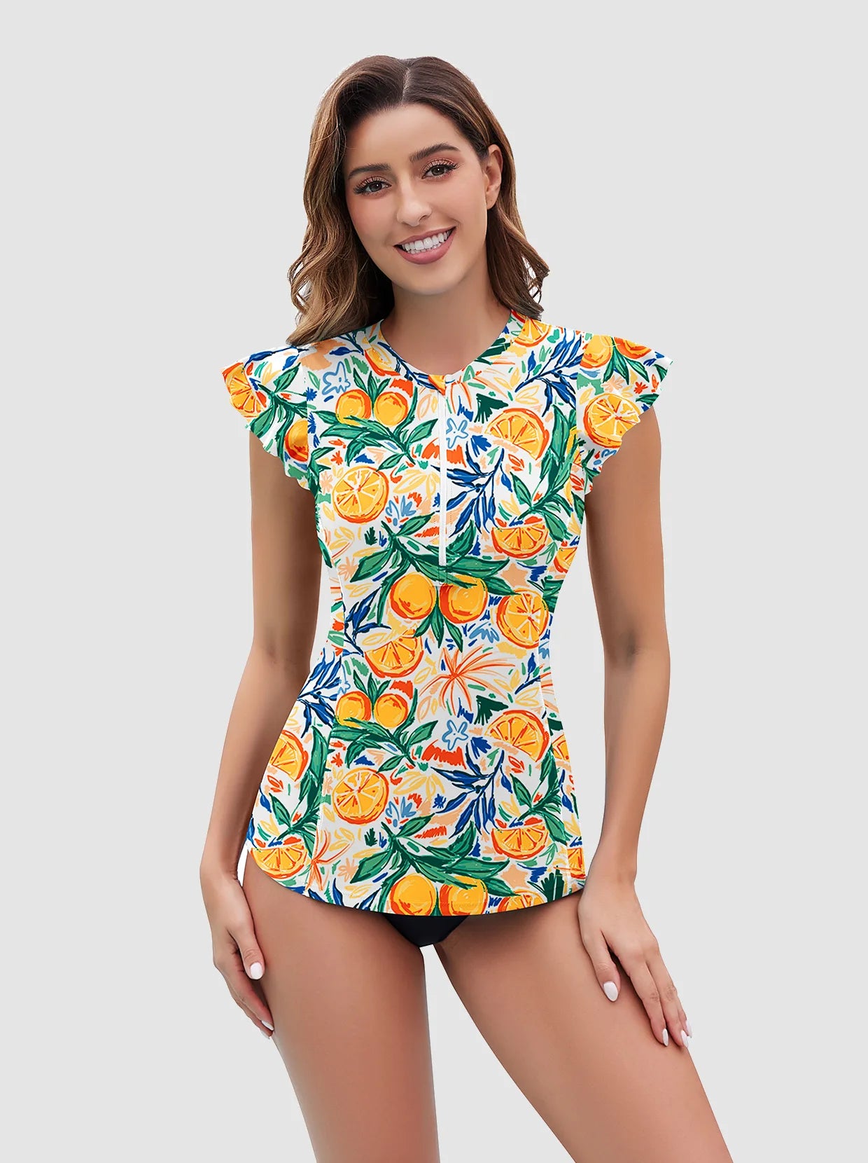Fruit Pattern Quarter-zip Ruffled Sleeveless Rash Guard