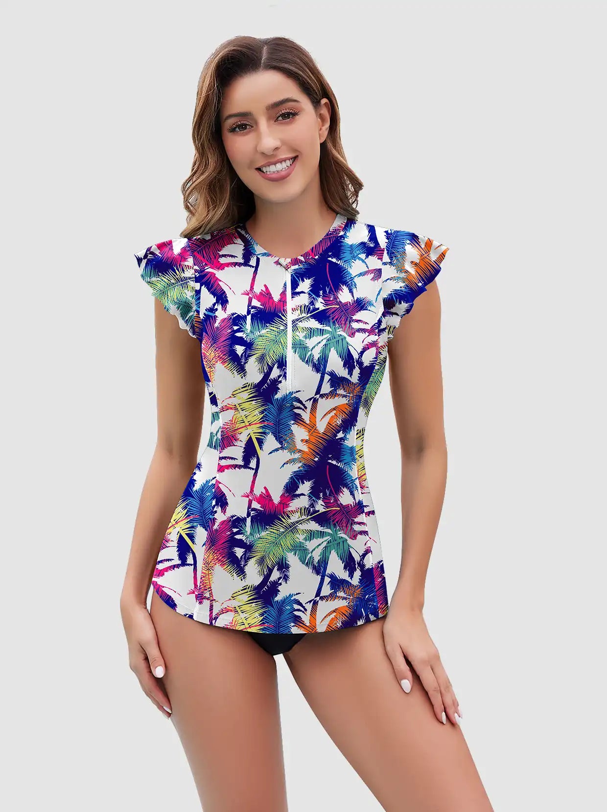 Colorful Leaf Quarter-zip Ruffled Sleeveless Rash Guard for Women