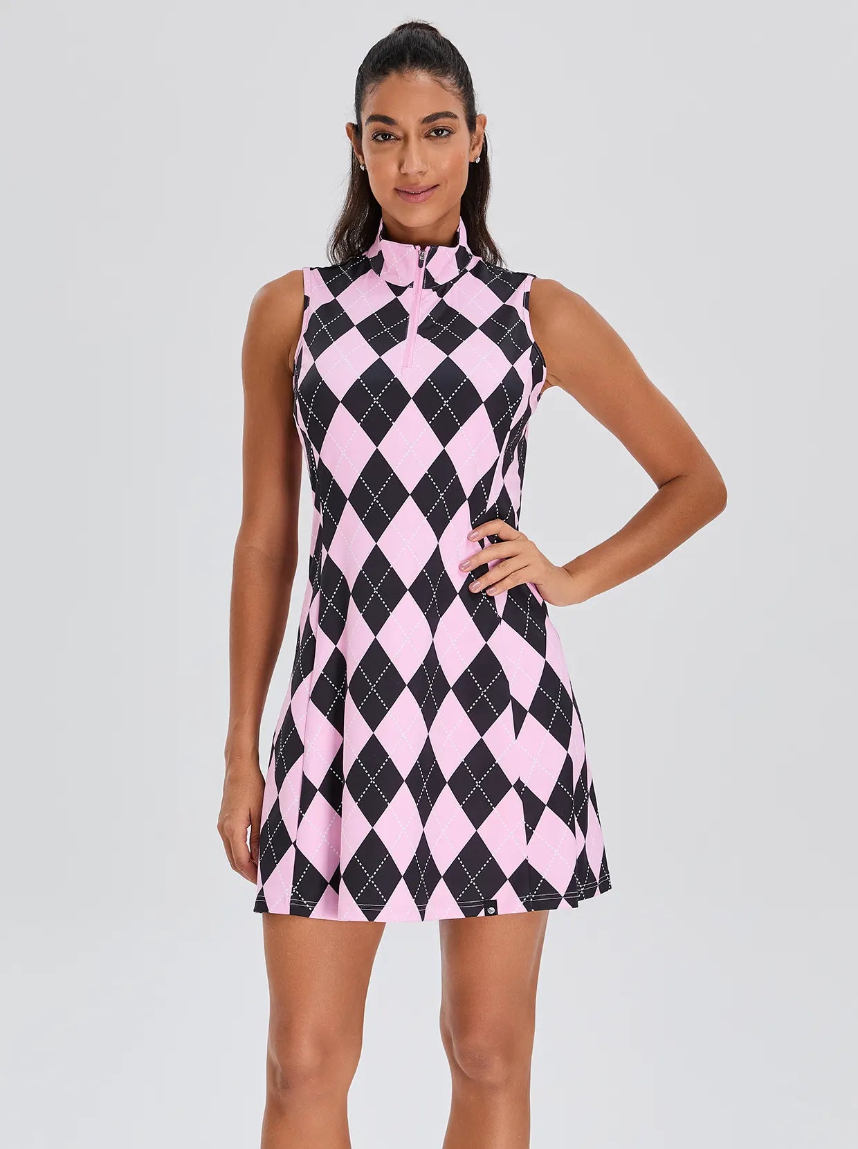 Pink Checkerboard 33" Quarter-zip Sleeveless Dress with Shorts and Pockets