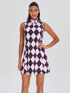 Pink Checkerboard 33" Quarter-zip Sleeveless Dress with Shorts and Pockets