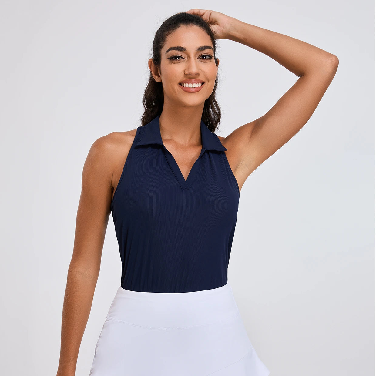 Ladies Ribbed V-neck Racerback Sleeveless Polo Shirt