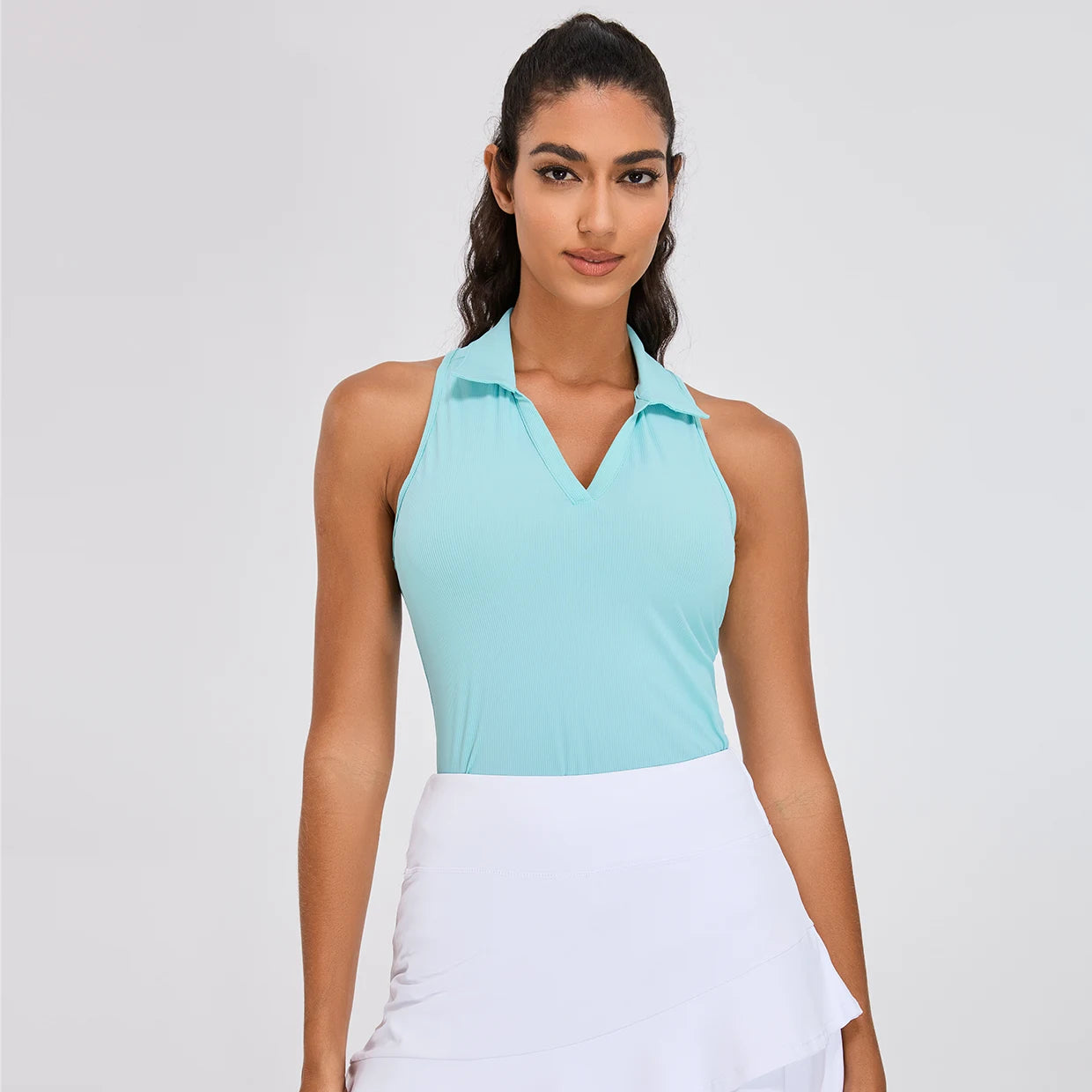 Ladies Ribbed V-neck Racerback Sleeveless Polo Shirt