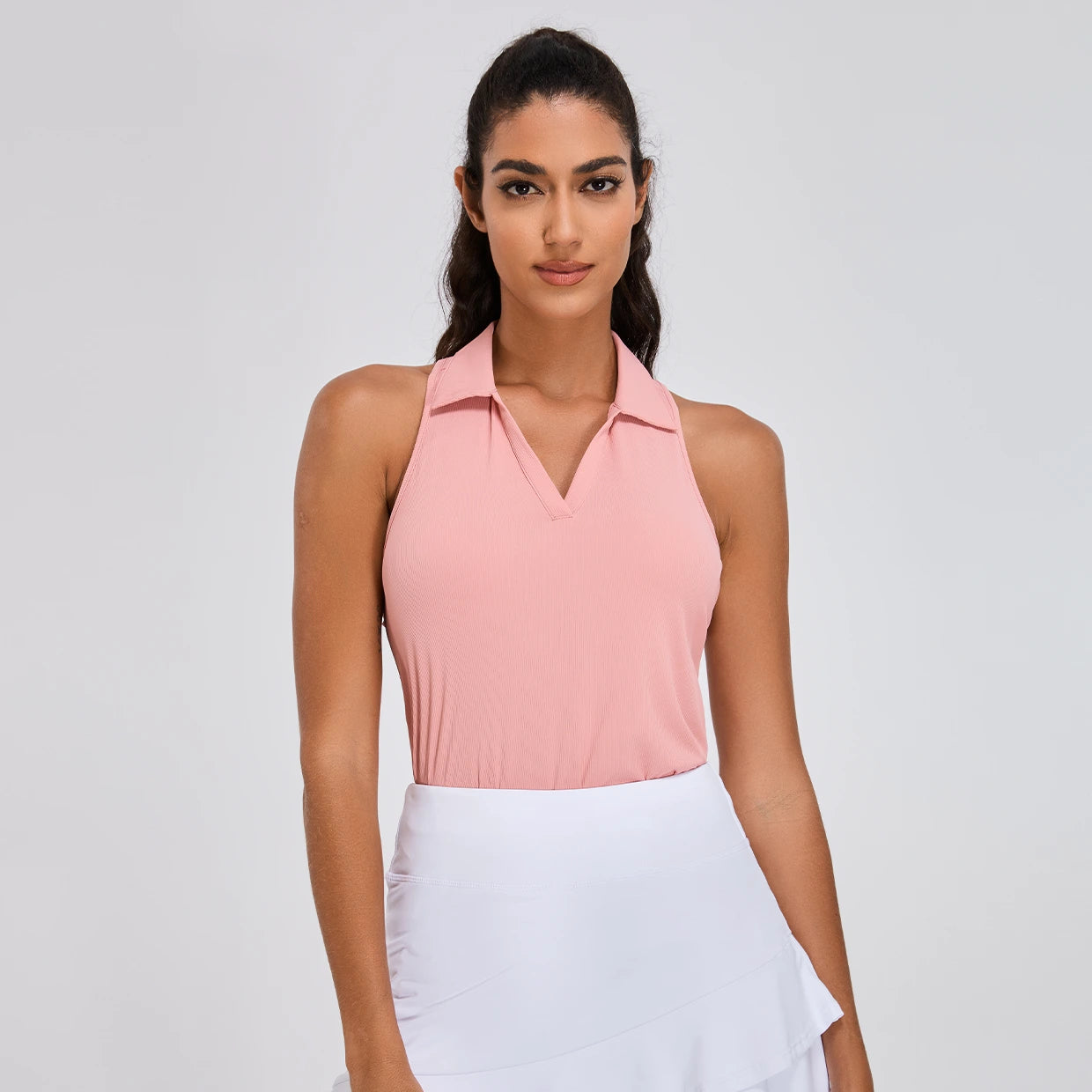 Ladies Ribbed V-neck Racerback Sleeveless Polo Shirt