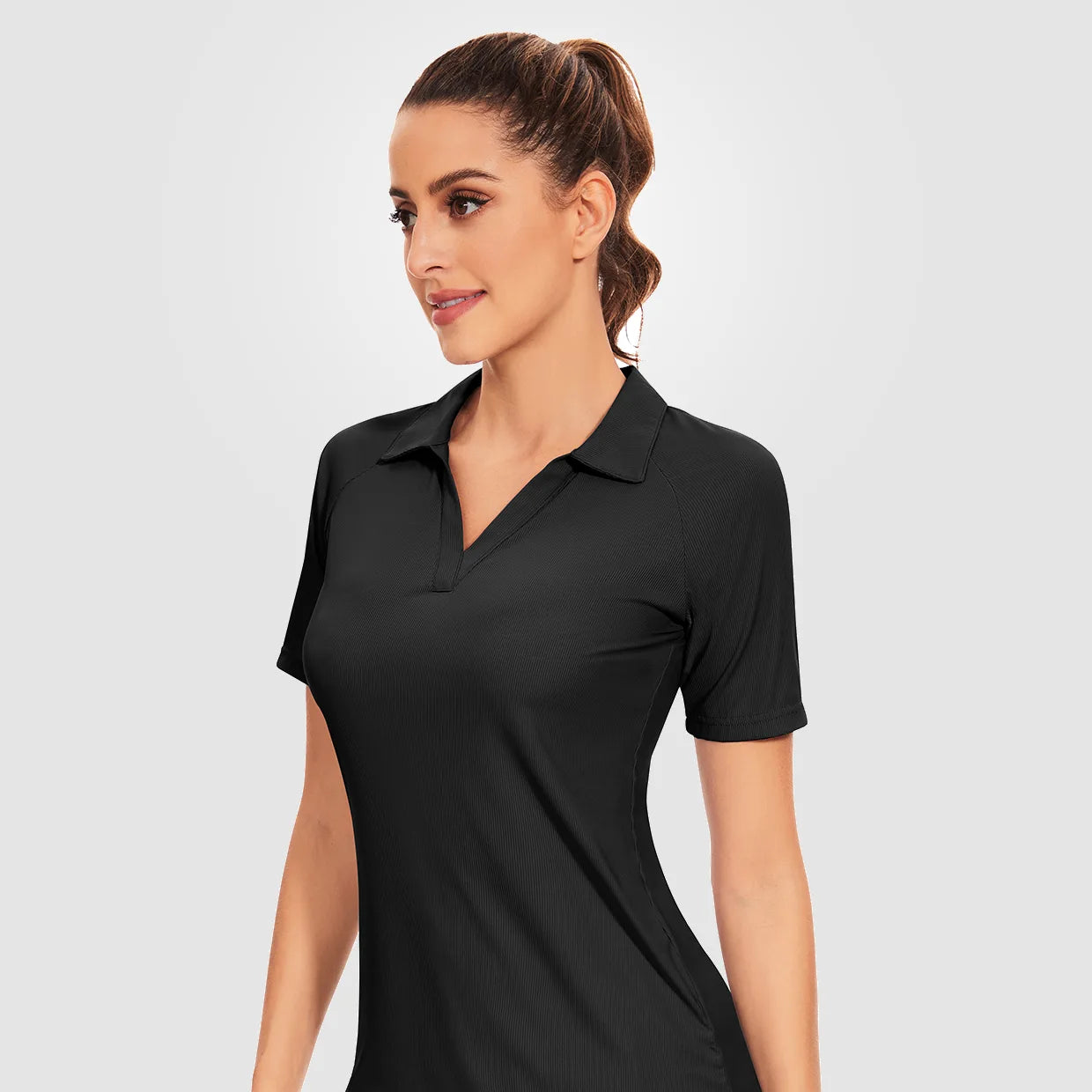 Solid Color Ribbed V-neck Short-sleeve Polo Shirt for Women