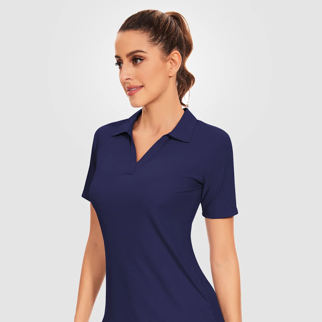 Basic Ribbed V-neck Short-sleeve Polo Shirt for Women