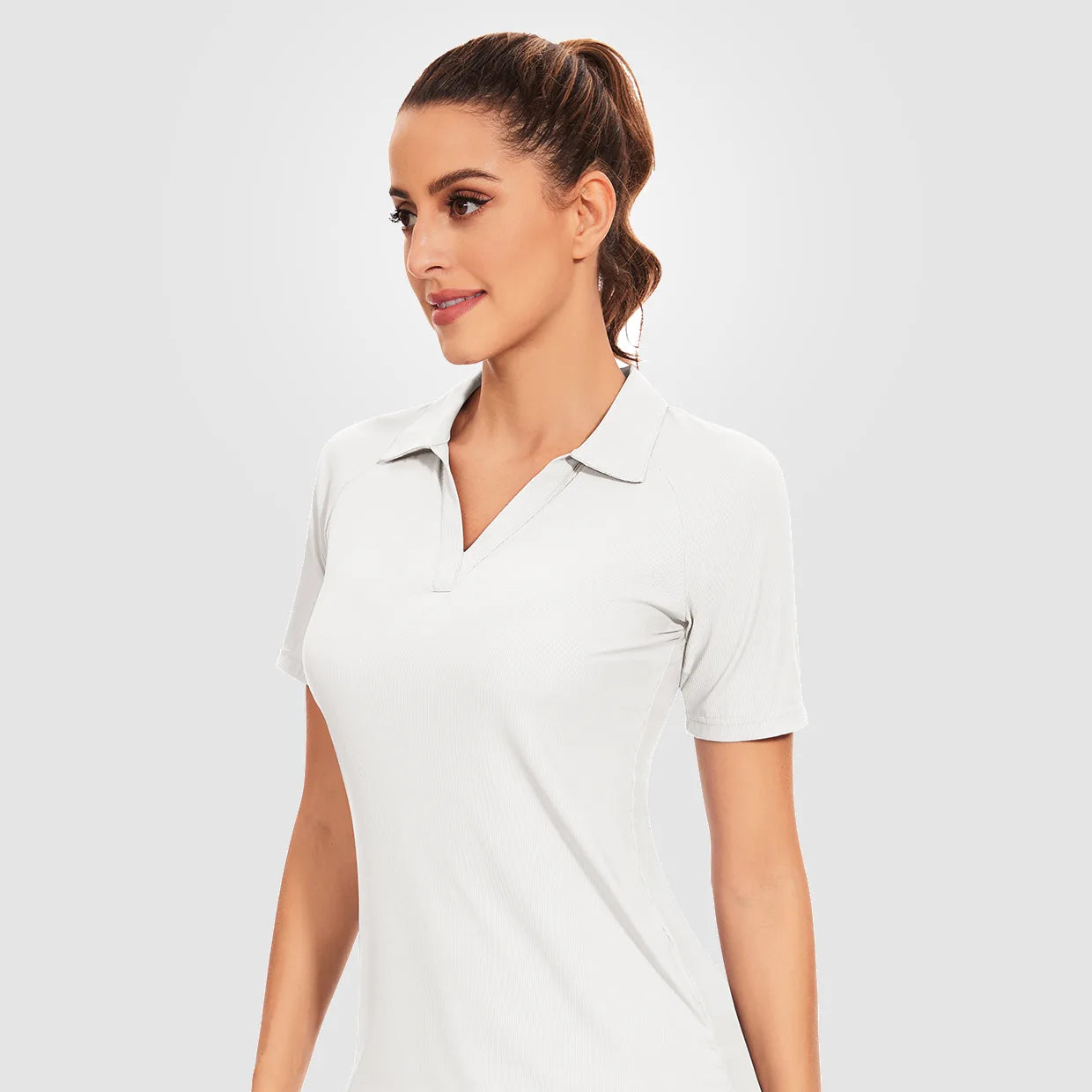 Solid Color Ribbed V-neck Short-sleeve Polo Shirt for Women