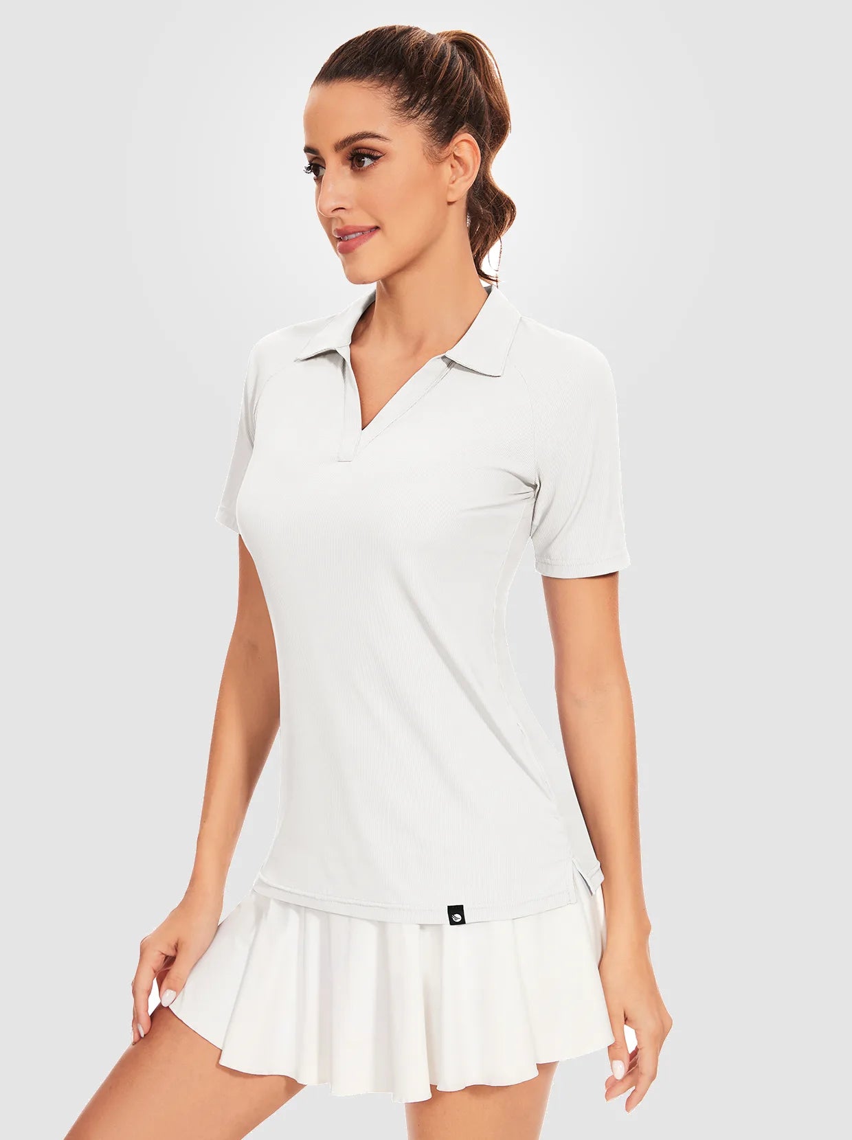 Solid Color Ribbed V-neck Short-sleeve Polo Shirt for Women