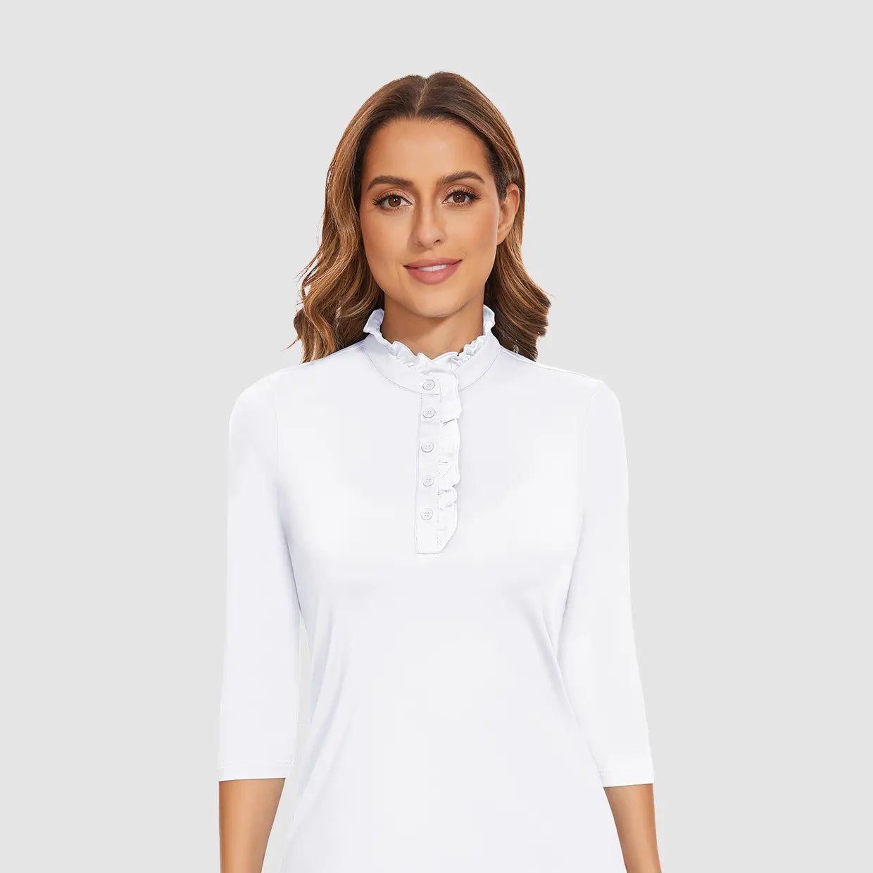Solid White Ruffled-collar 3/4 Sleeve Polo Shirt for Women