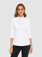 Solid White Ruffled-collar 3/4 Sleeve Polo Shirt for Women