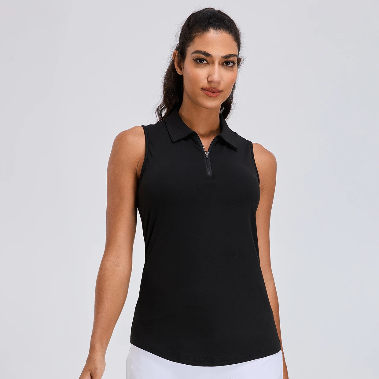 Solid Black Classic V-Neck Sleeveless Polo Shirt