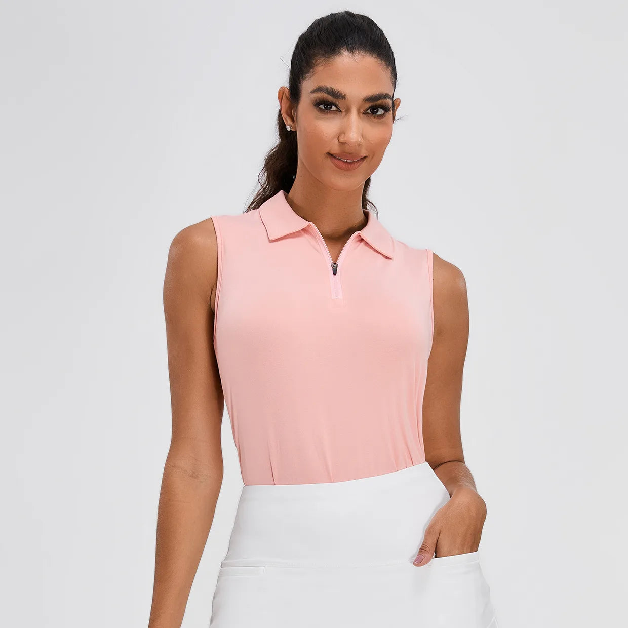 Solid Pink Classic V Neck Sleeveless Polo Shirt