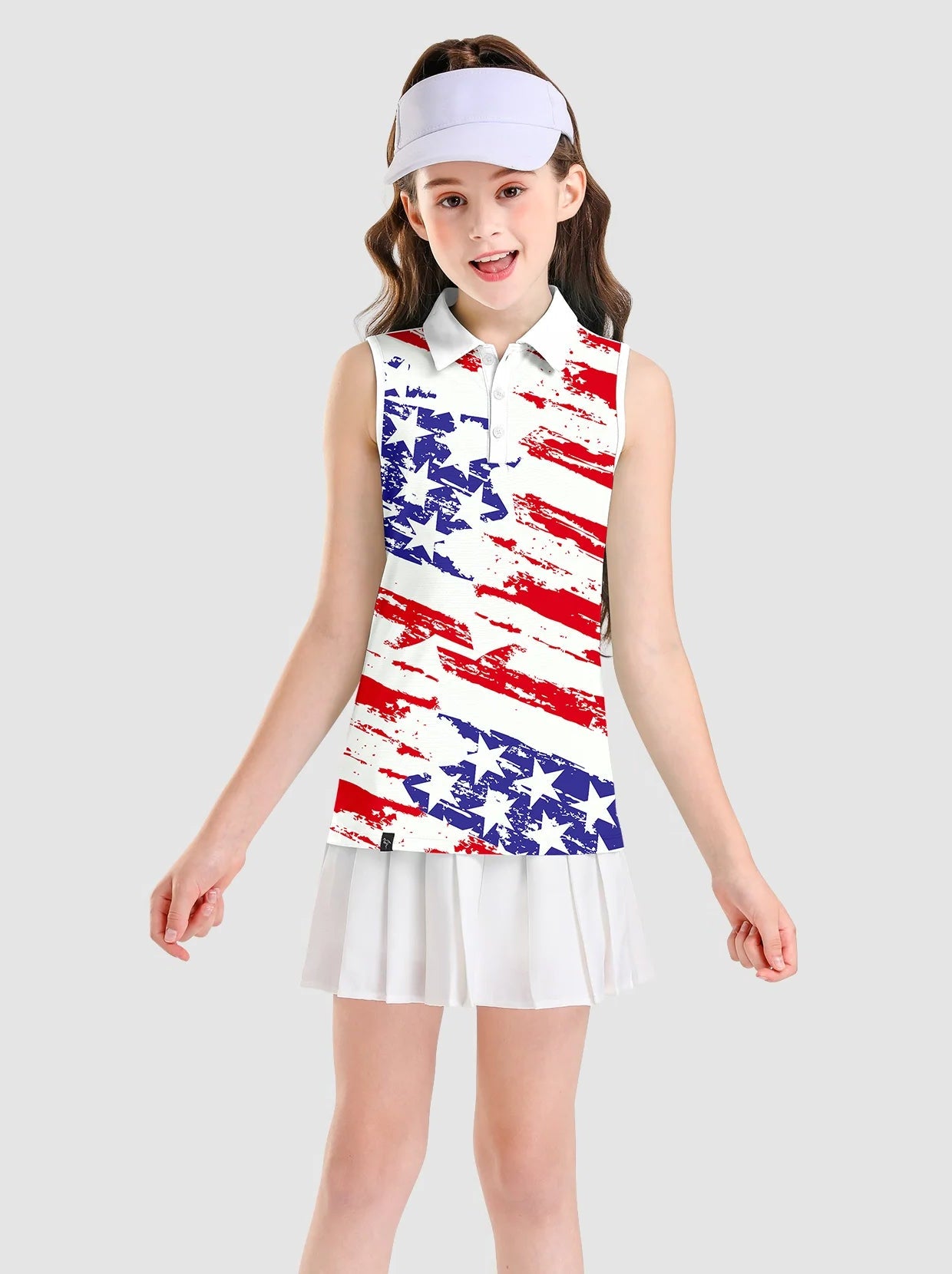 Artistic Flag Pattern Button-placket Sleeveless Polo Shirt for Girls