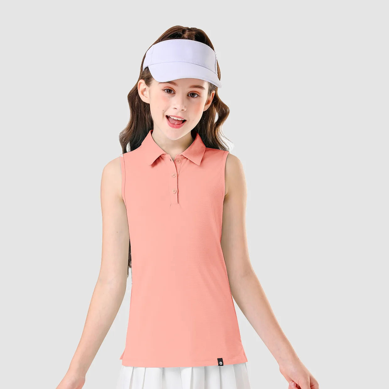 Girls Solid Color Button-placket Sleevless Polo Shirt