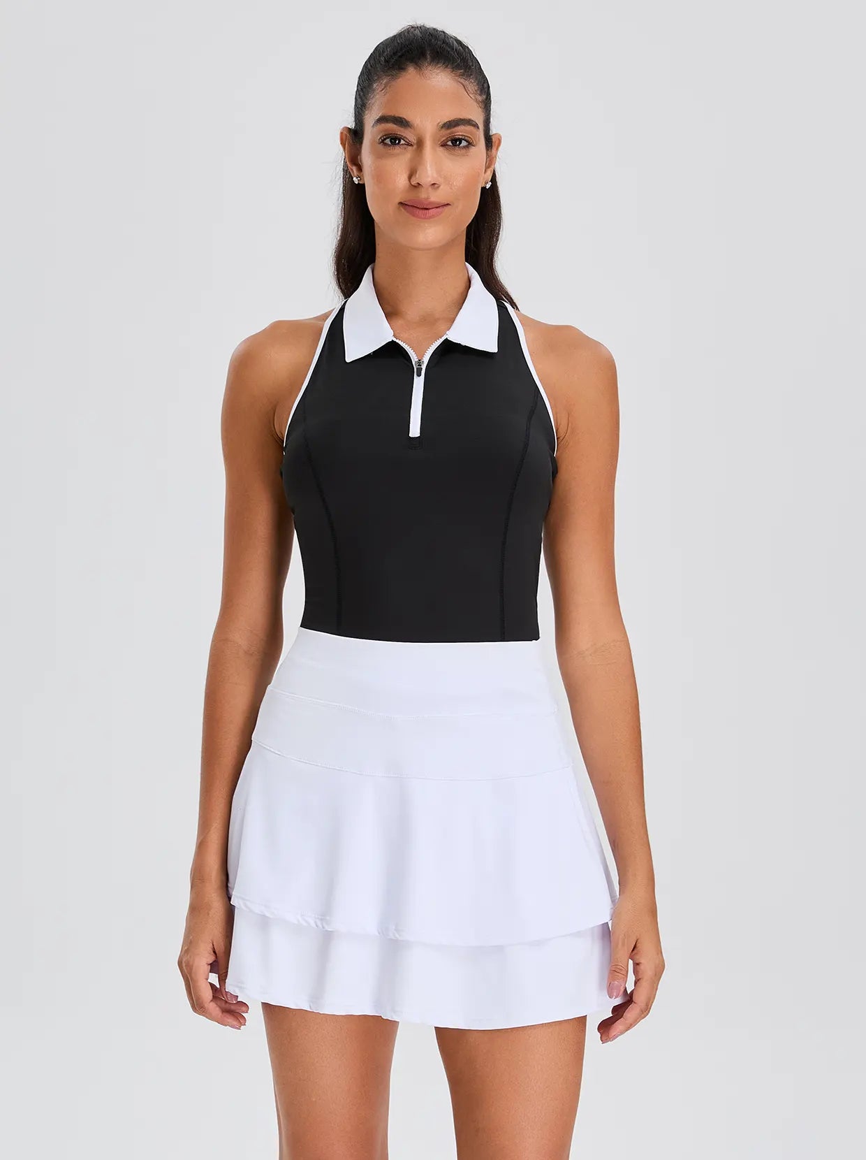 Black Quarter-zip Racerback Sleeveless Polo Shirt For Women