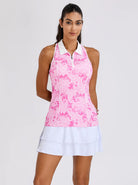Pink Paisely Quarter-zip Racerback Sleeveless Polo Shirt For Women