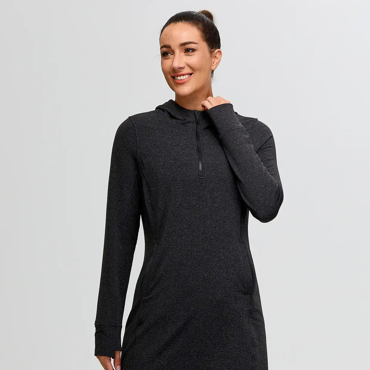 Quarter-zip Hooded Long-sleeve Fleece Dress for Women