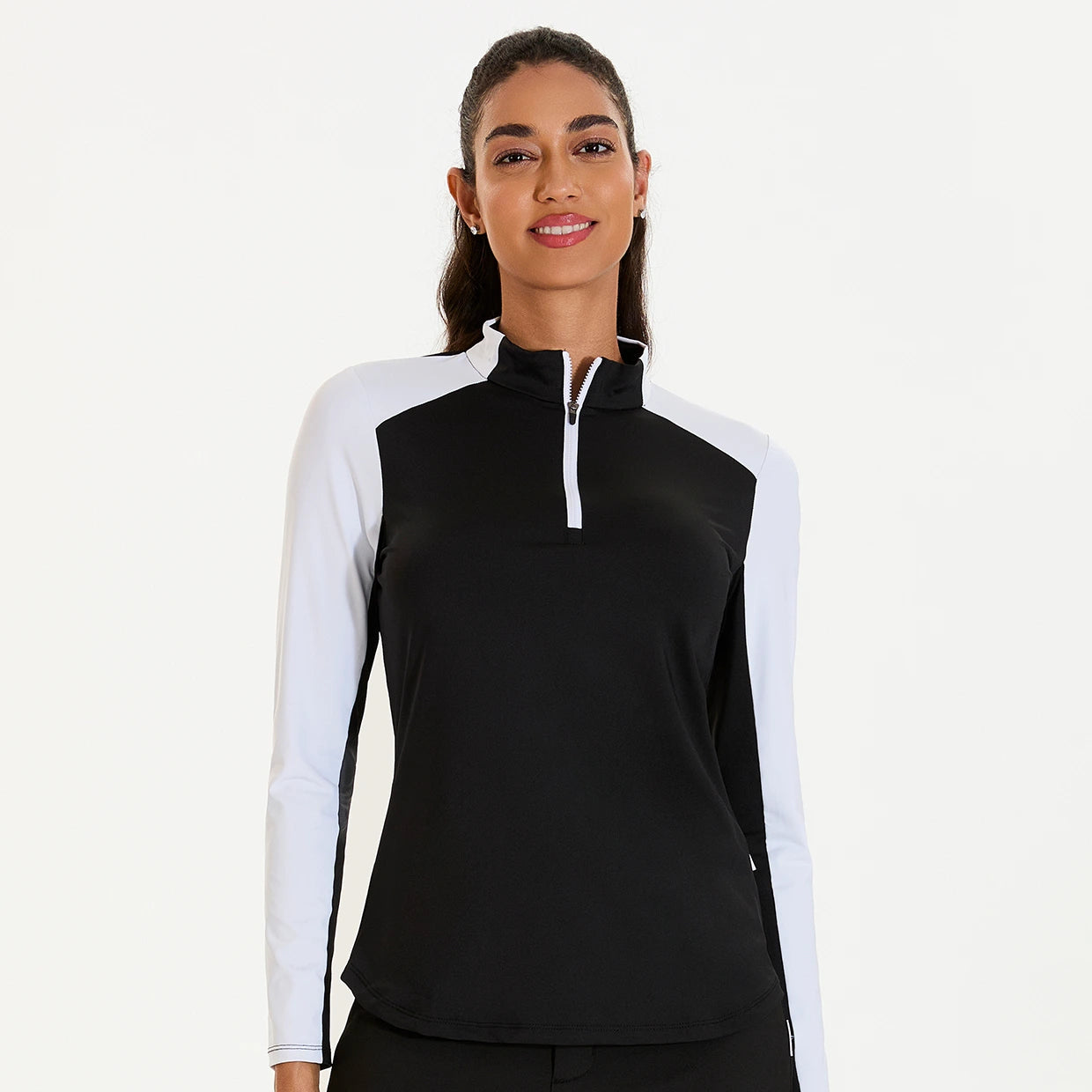 Black Quarter-zip Long-sleeve Polo Shirt for Women