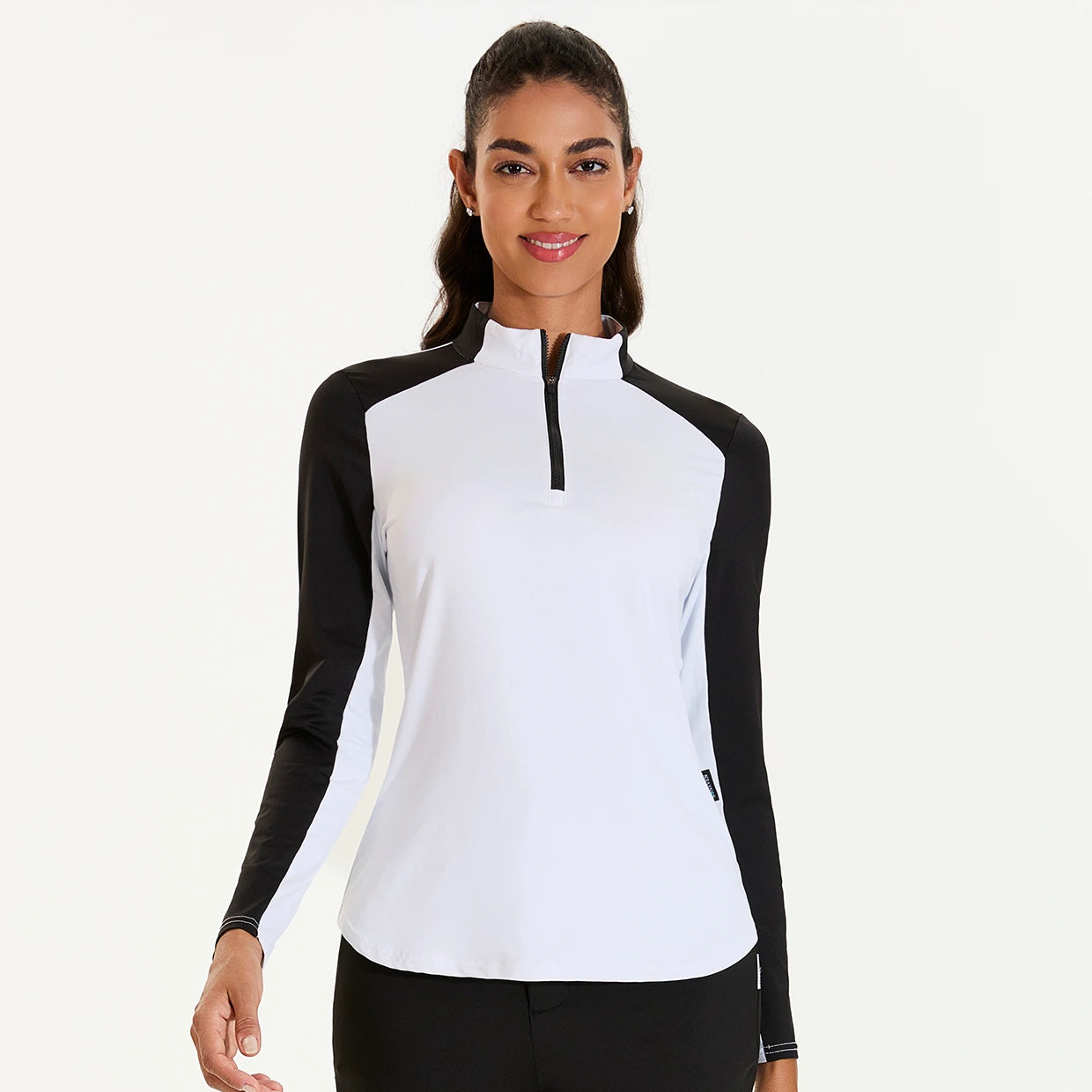 White Stand-collar Long-sleeve Polo Shirt for Women