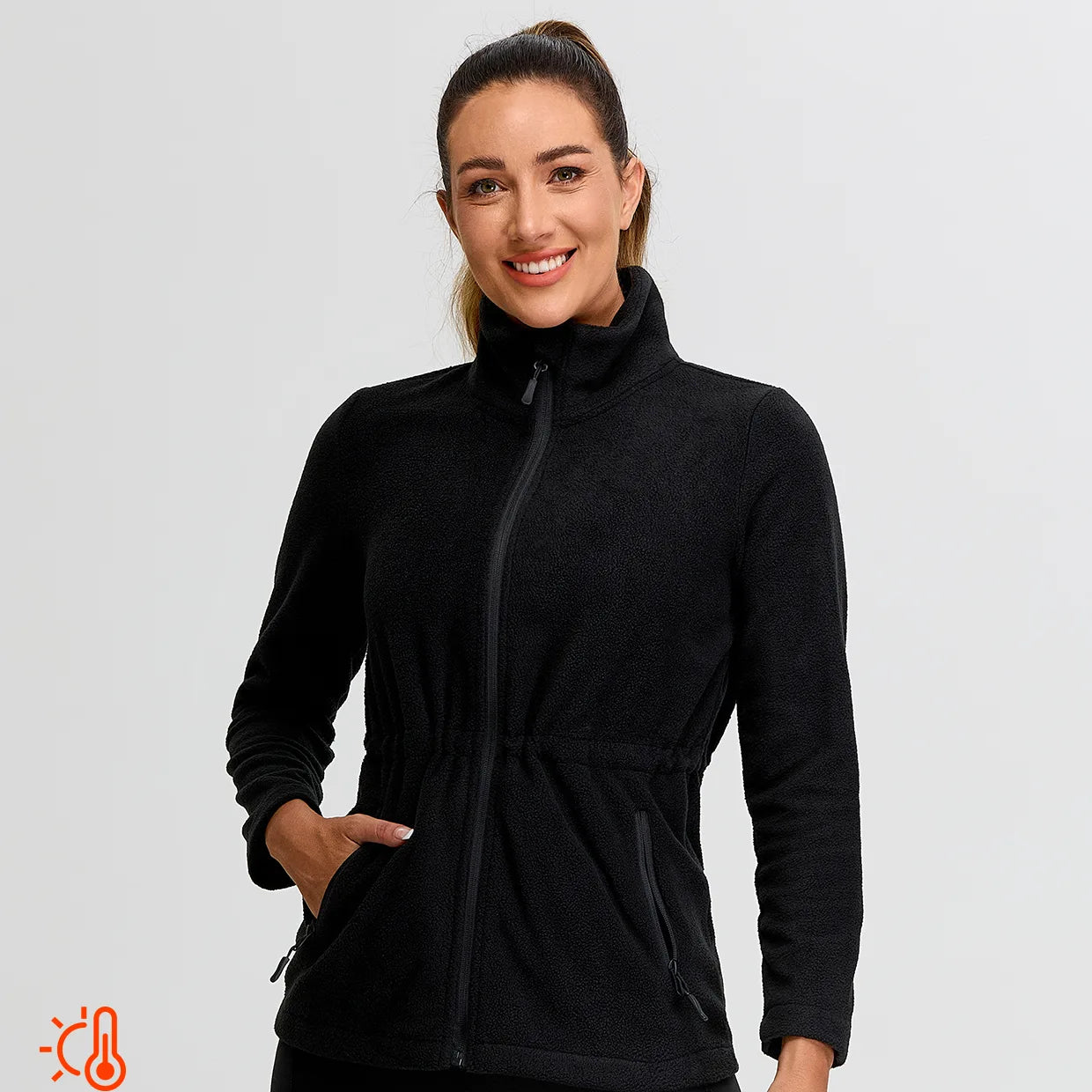 Ladies Black Stand-collar Fleece Jackets with Cinched Waist