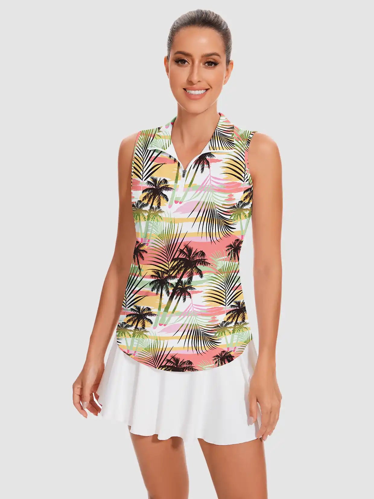Coconut Tree Quarter-zip Sleeveless Polo Shirt For Women