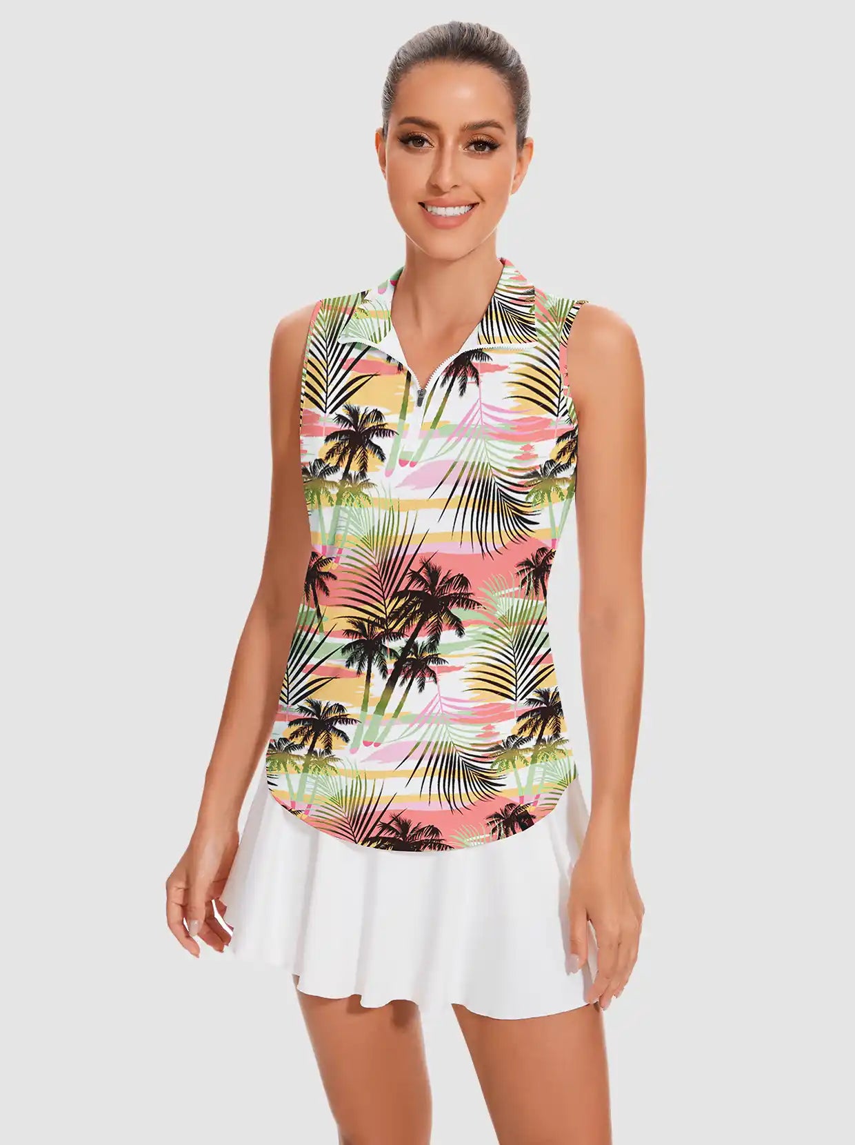 Coconut Tree Quarter-zip Sleeveless Polo Shirt For Women
