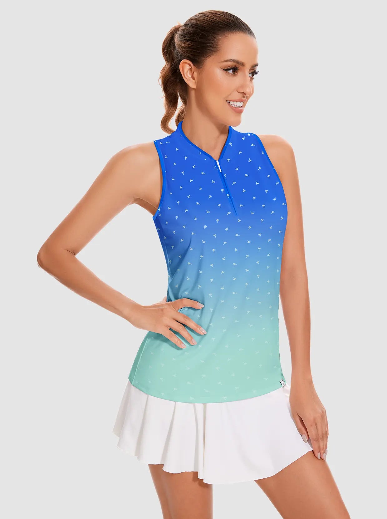 Blue Dot Gradient Print Quarter-zip Racerback Sleeveless Shirt