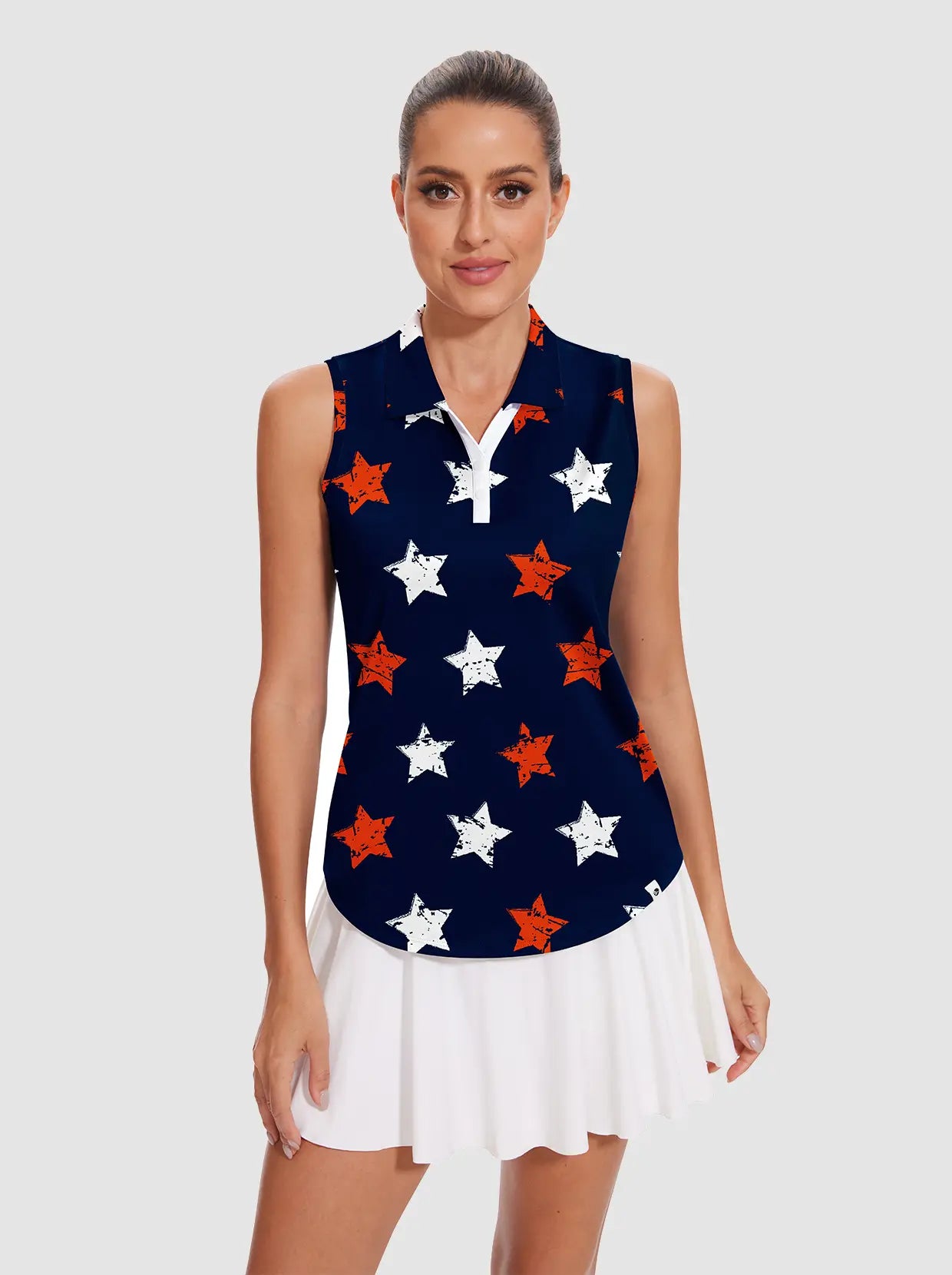 White and red Star V-neck Sleeveless Polo Shirt For Ladies