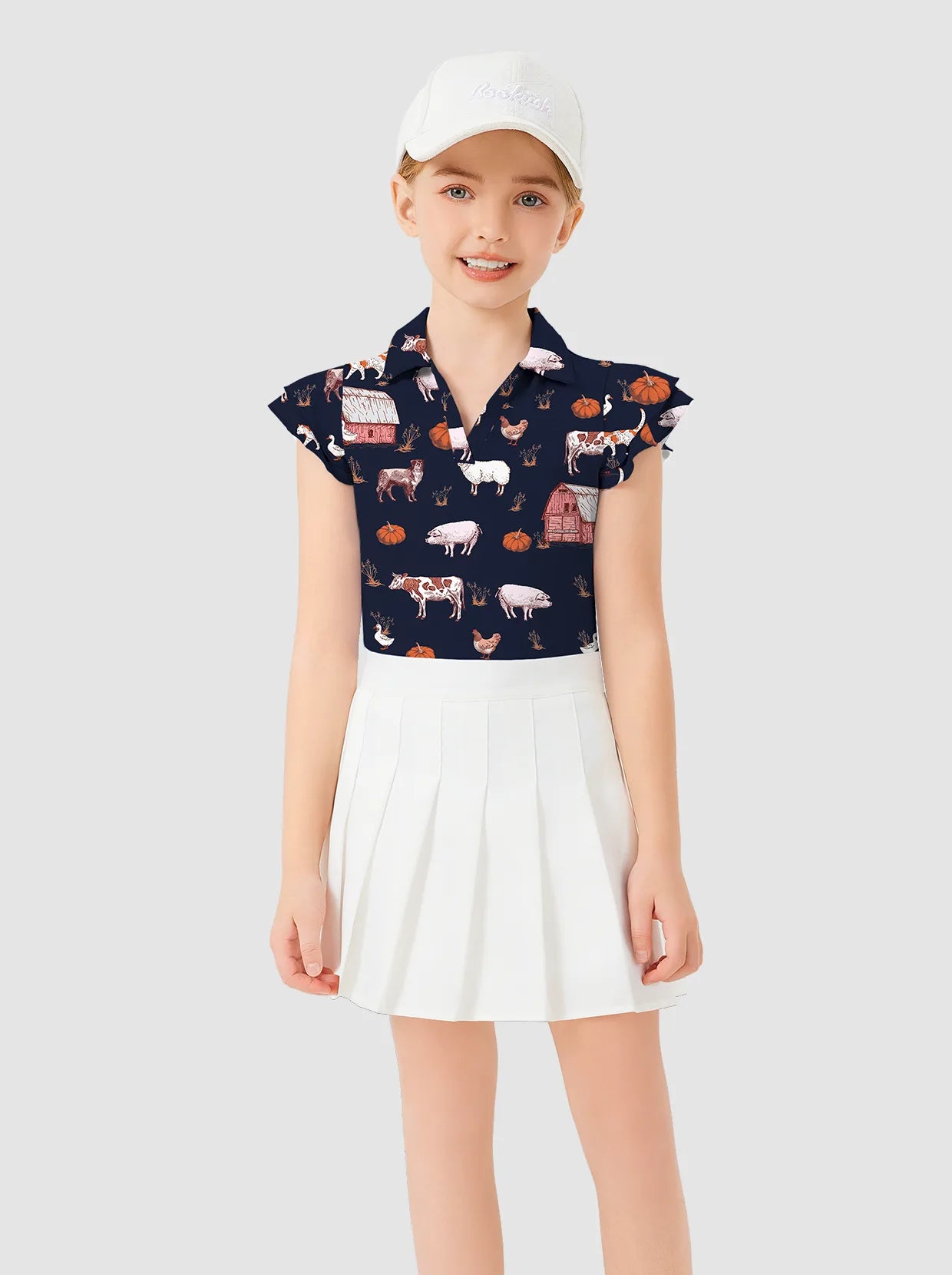 Girls Animal print V-neck Ruffled Short-sleeve Polo Shirt