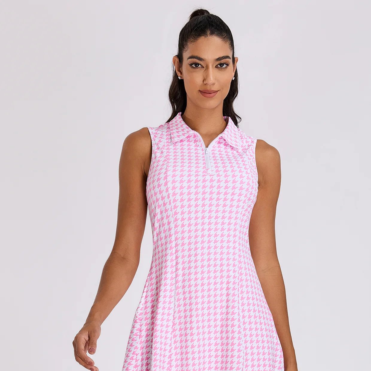 34" Pink Houndstooth Quarter-zip Sleeveless Dress For Women