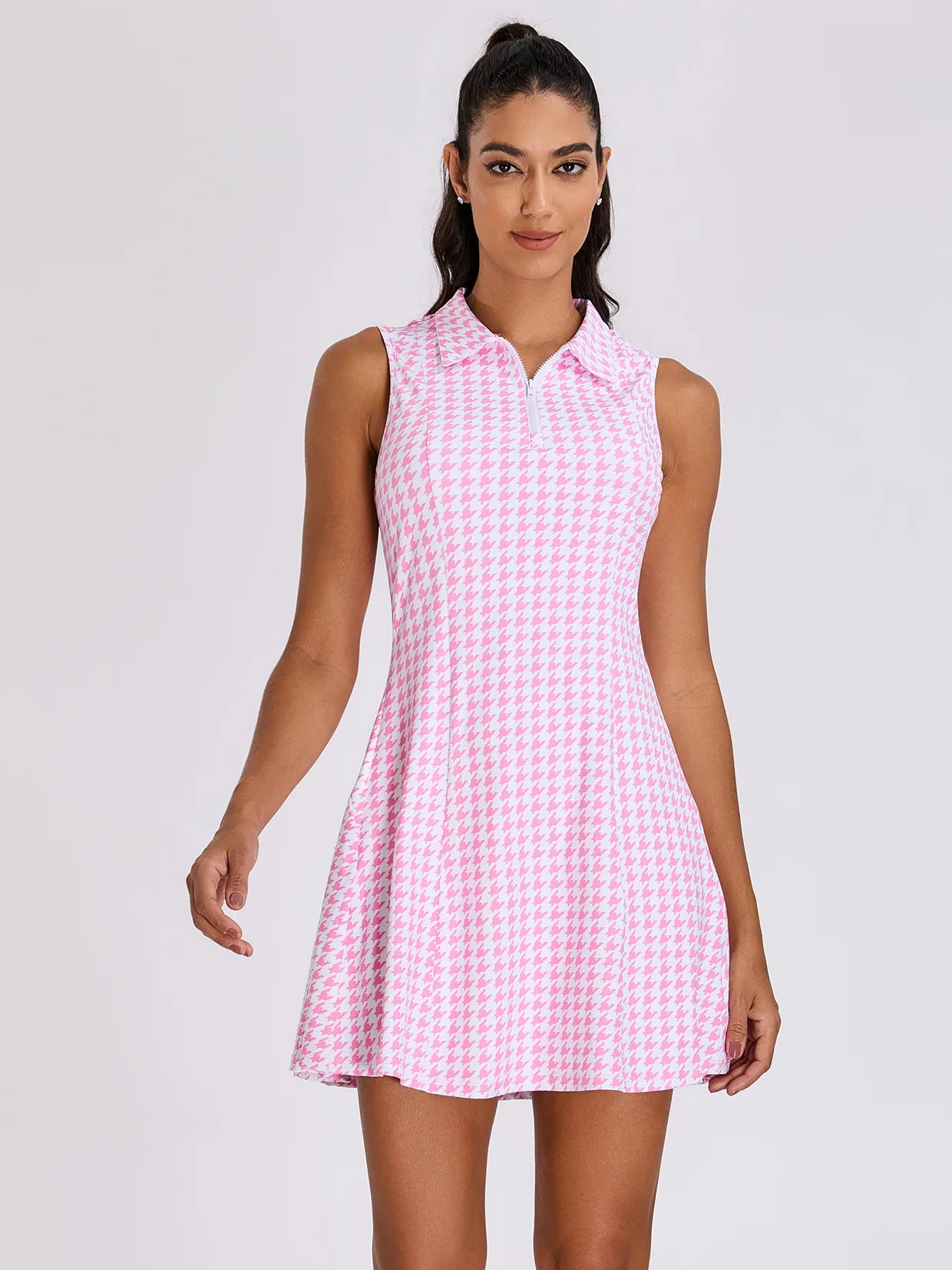 34" Pink Houndstooth Quarter-zip Sleeveless Dress For Women