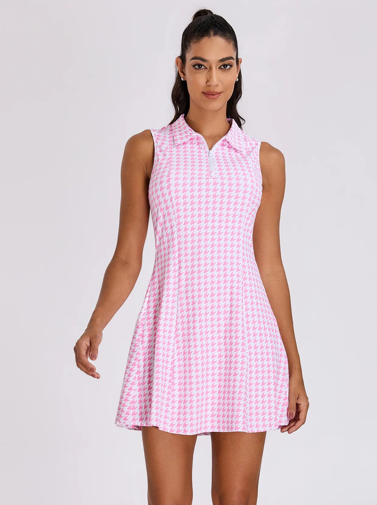 34" Pink Houndstooth Quarter-zip Sleeveless Dress For Women