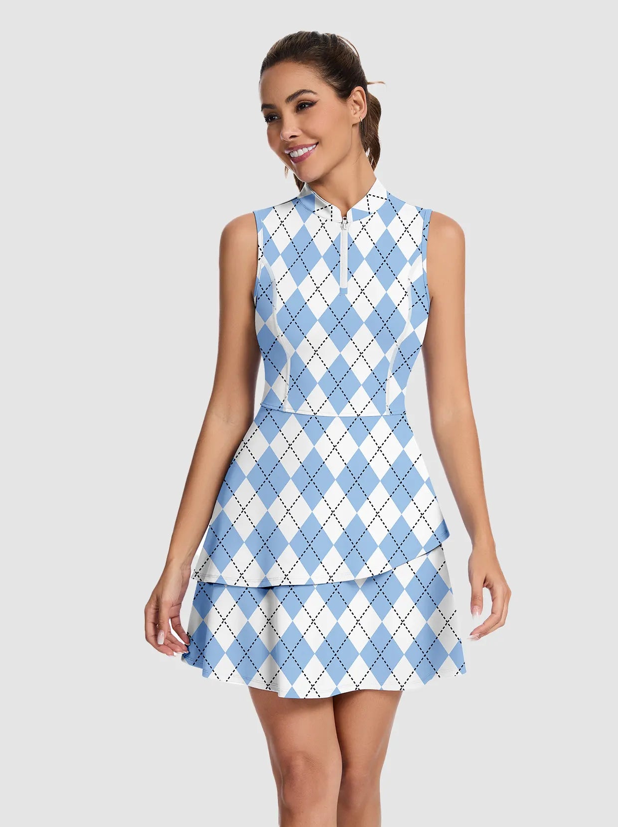 34" Checkerboard Quarter-zip Double-layer Sleeveless Dress with Shorts