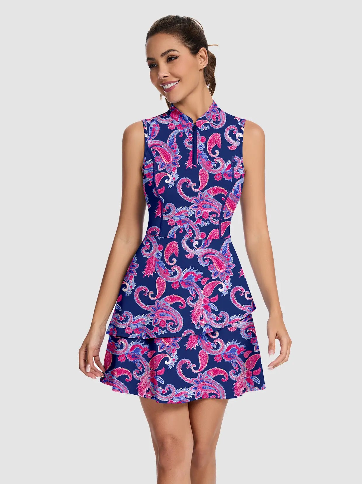 Women's 34" Paisley Quarter-zip Sleeveless Tennis Dress with Pockets