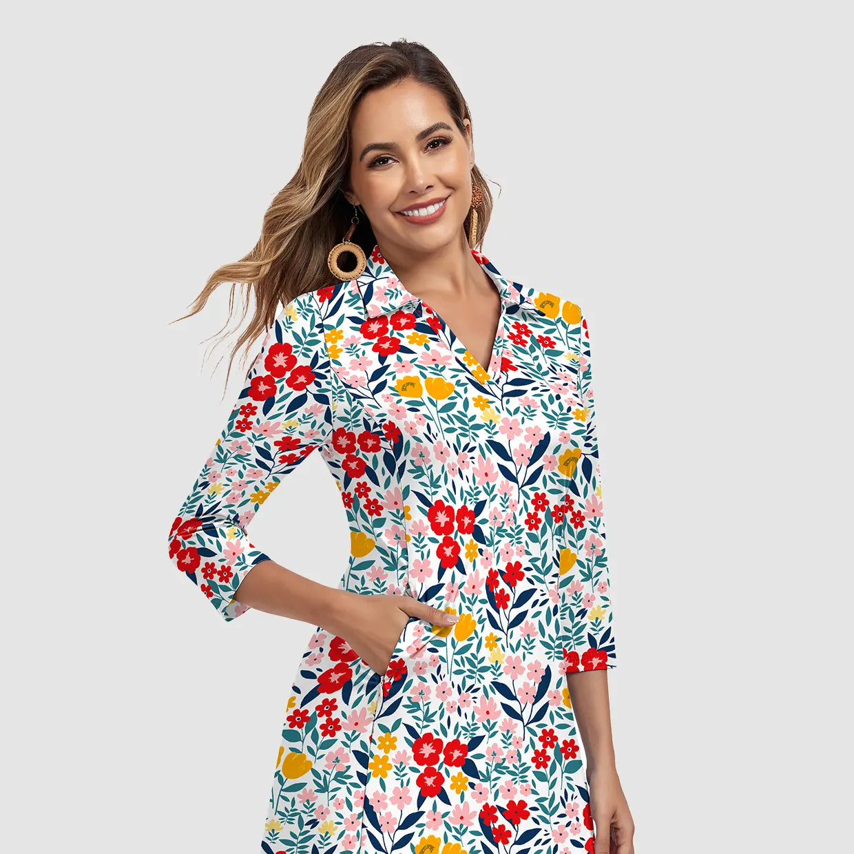 35" V-neck 3/4 Sleeve Polo Dresses with Shorts and Pockets