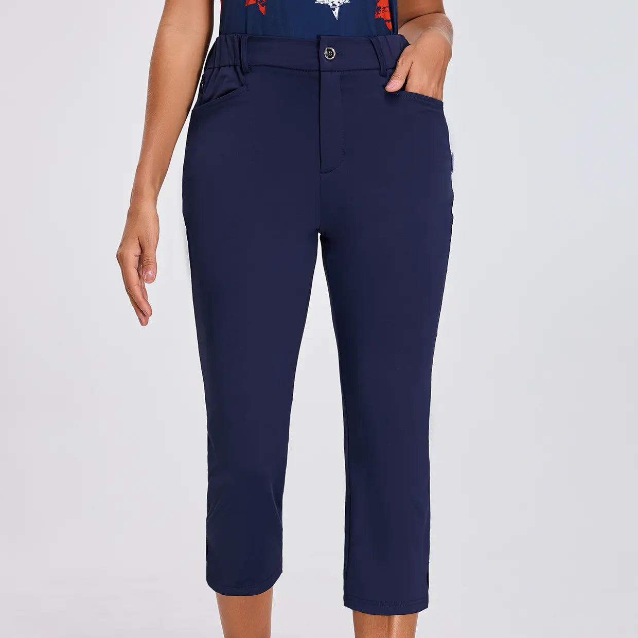 Women's Dark Blue High-Rise 7/8 Pants with Pockets