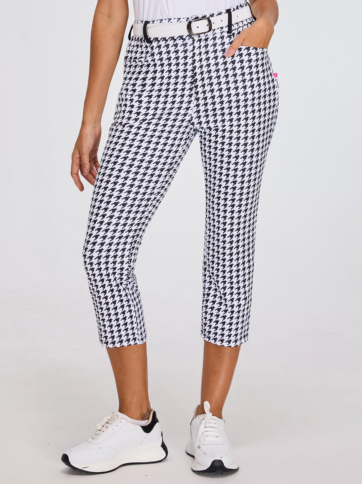 Black Houndstooth Pattern High-Rise 7/8 Pants for Women