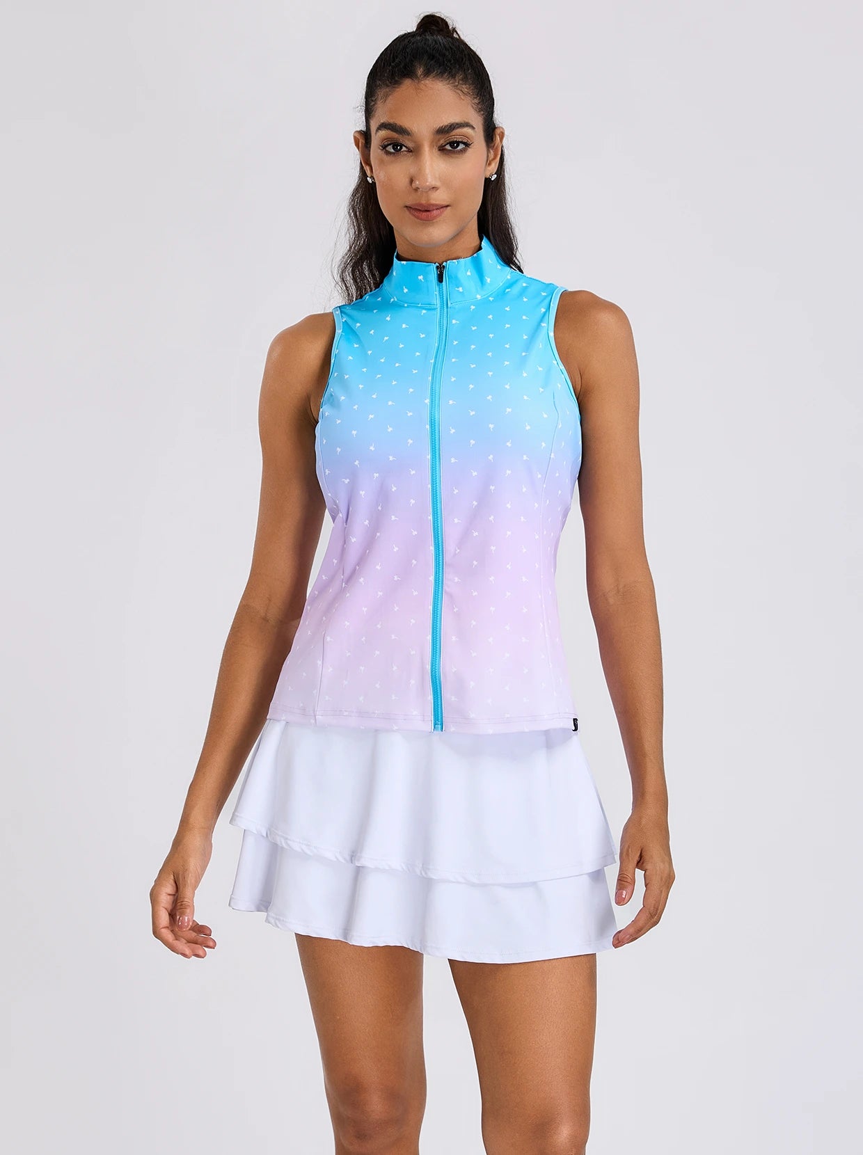 Blue-Purple Gradient Full-Zip Sleeveless Polo Shirt For Women